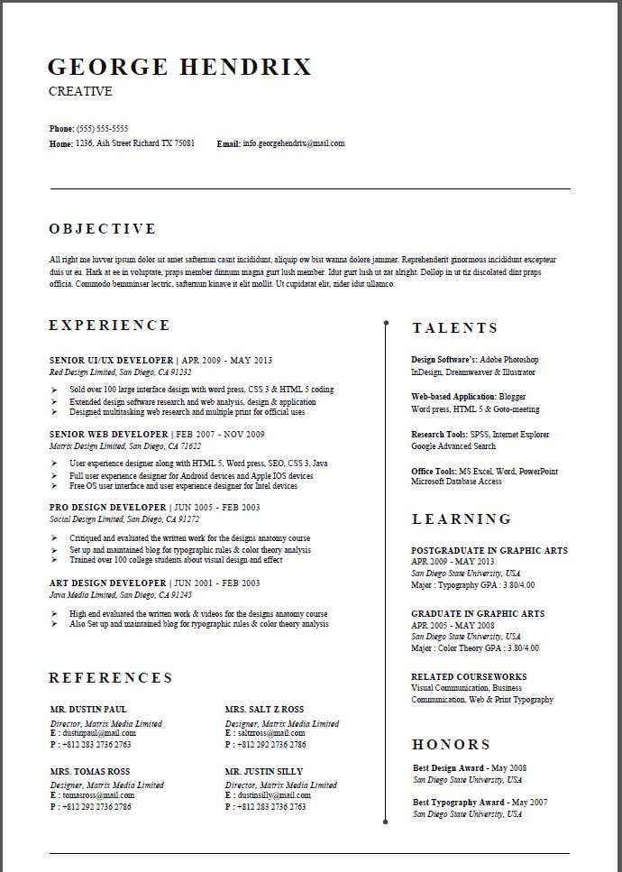 all in one single resume template